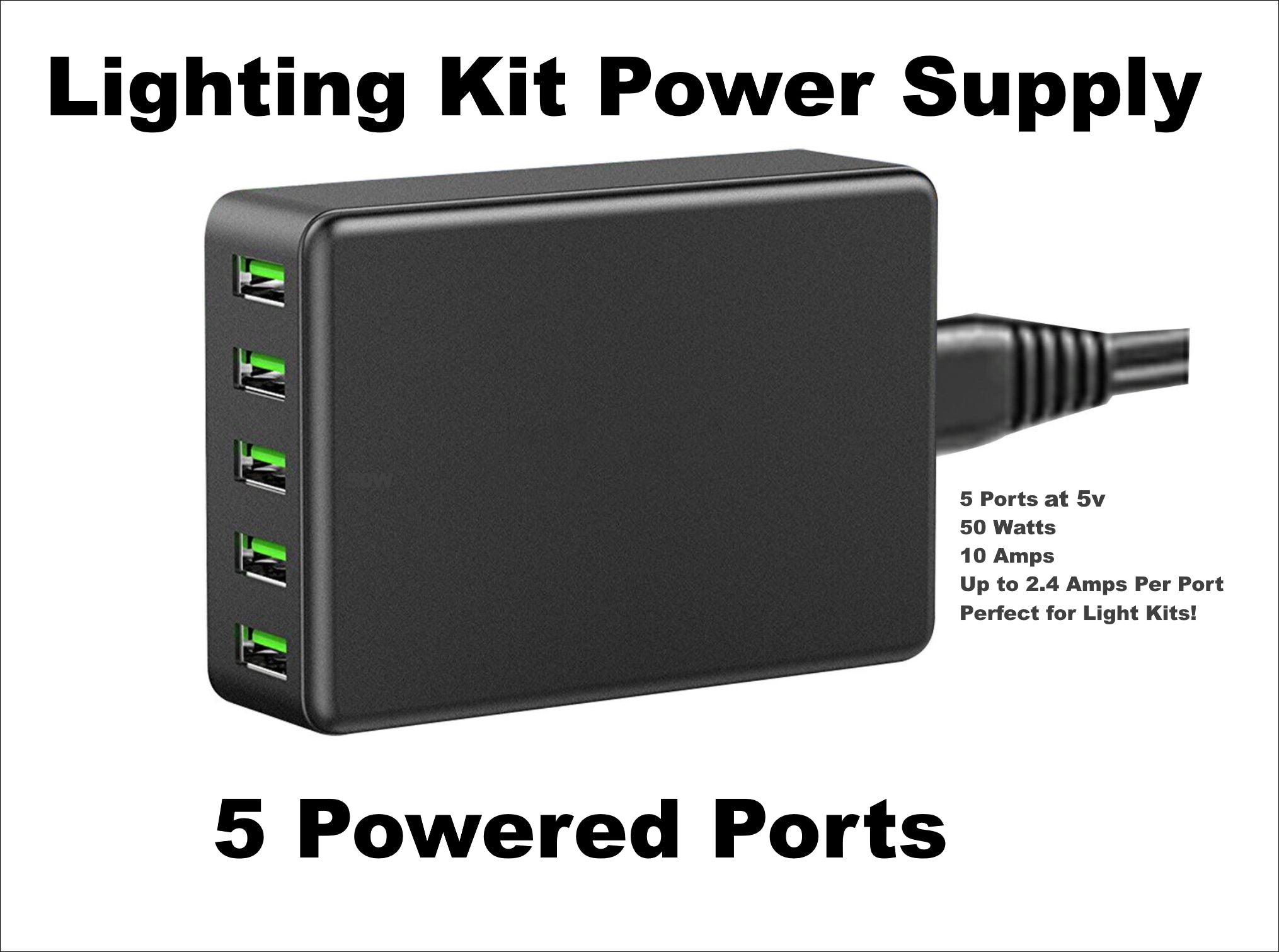 5 Port Smart USB 2.0 5V Power Supply - 50 Watts of Power! (Up to 2.4 Amps per port) for Light Kits!