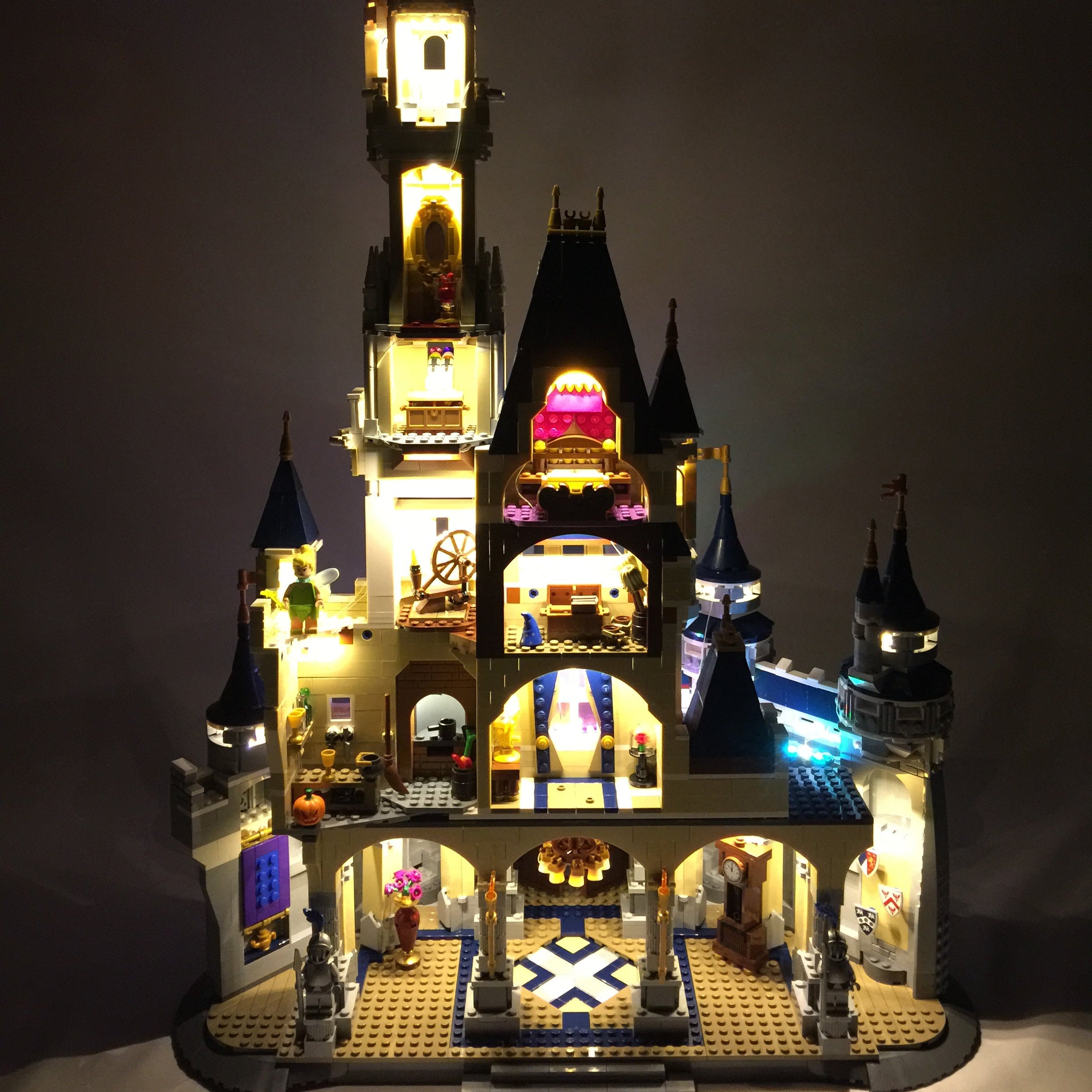 Inside of the LEGO Disney Castle set 71040, beautifully illuminated with the Brick Loot LED Light Kit with 105 LED lights.