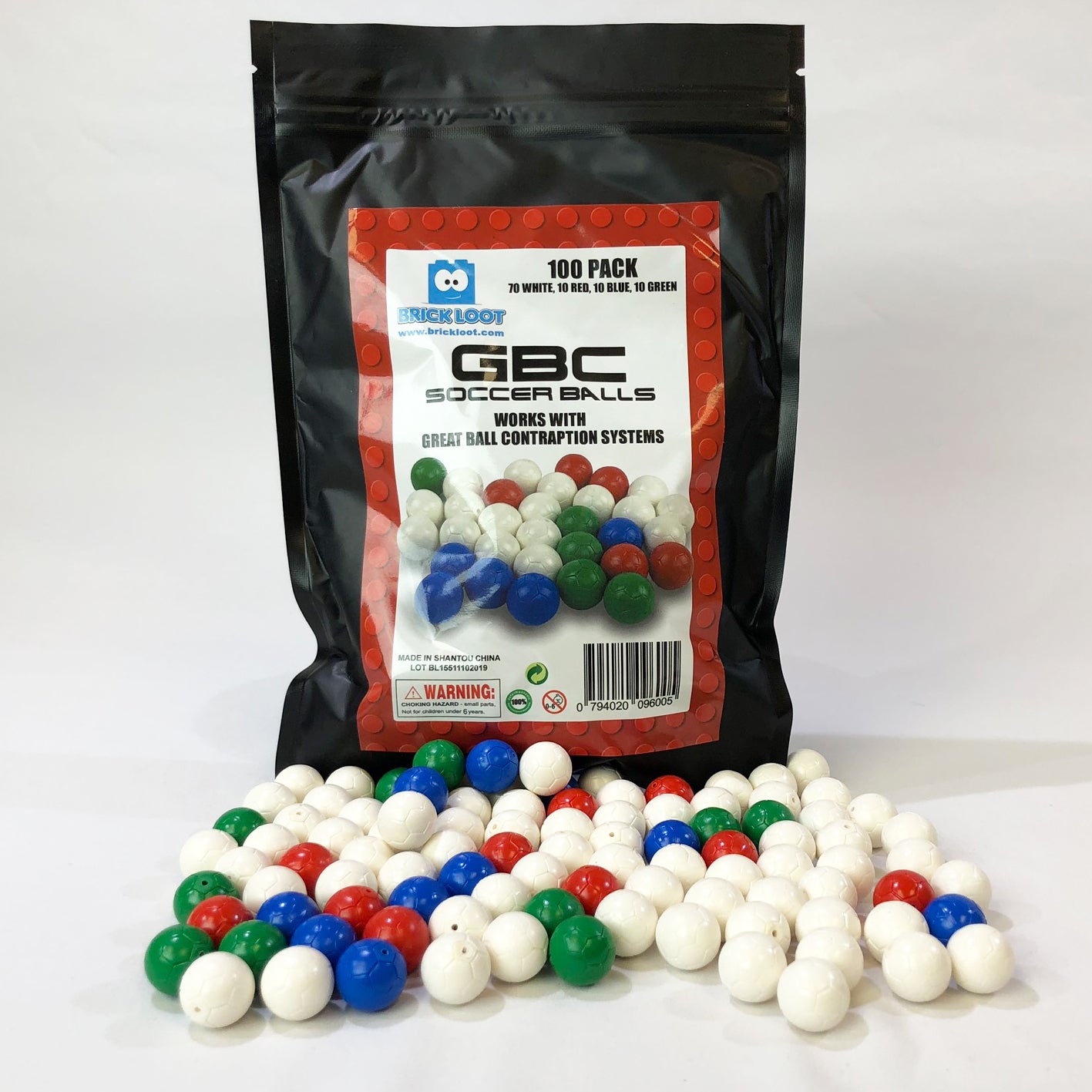 Brick Loot 100-pack of 70 white, 10 red, 10 blue, and 10 green minifigure-size soccer balls, perfect for Great Ball Contraption (GBC) Builds and Rube Goldberg Machines. 100% LEGO Compatible.