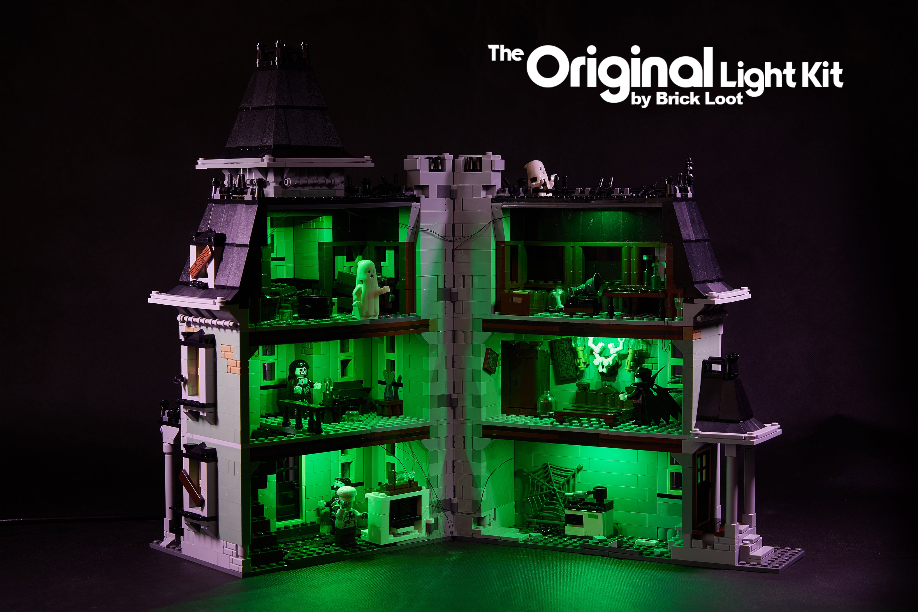 Neon green LEDs fully illuminate the interior of the LEGO Haunted House set 10228. Custom Brick Loot LED Kit.
