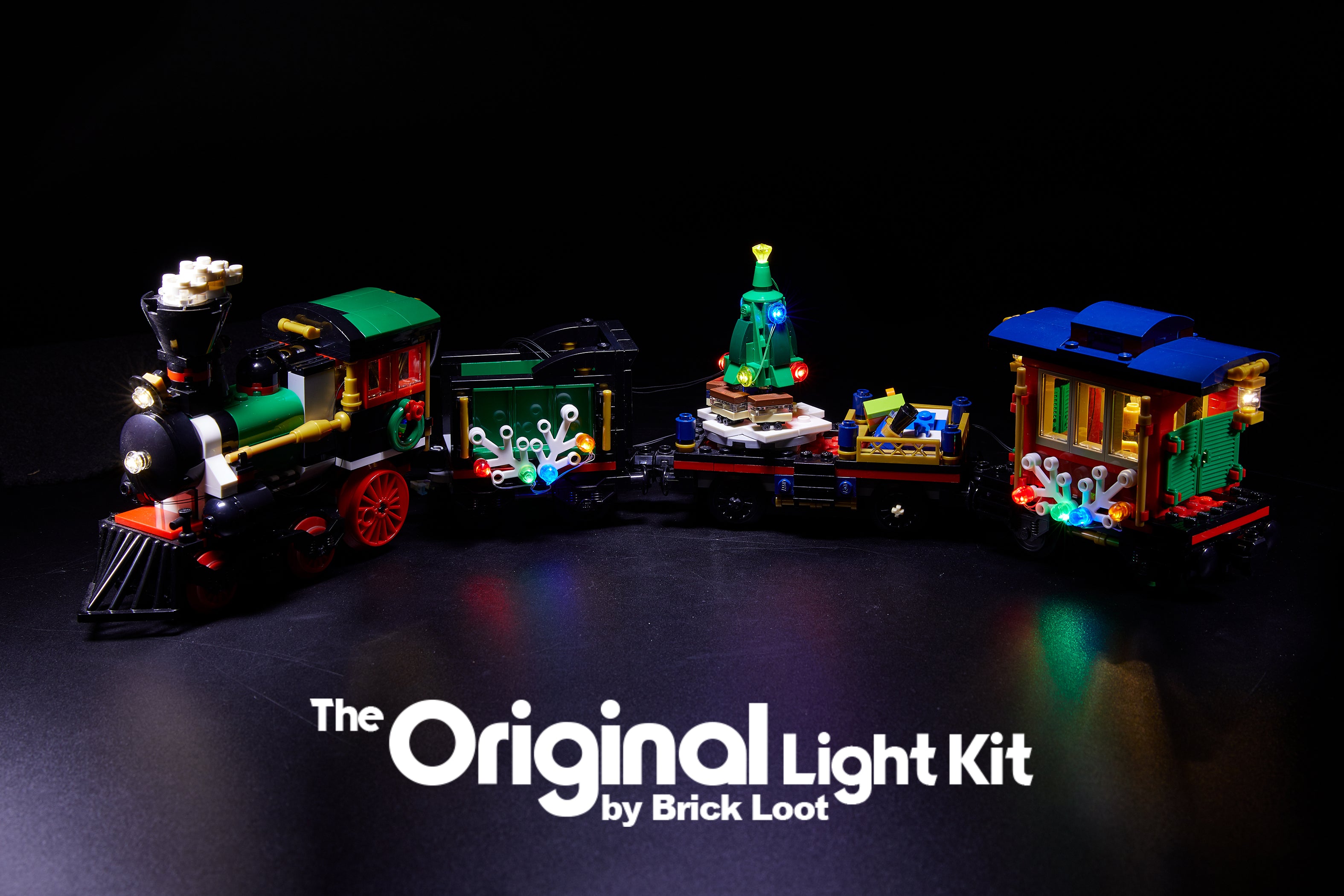 LEGO Winter Holiday Train set 10254 with Brick Loot LED light kit installed. Brilliant lights inside and outside the cars!