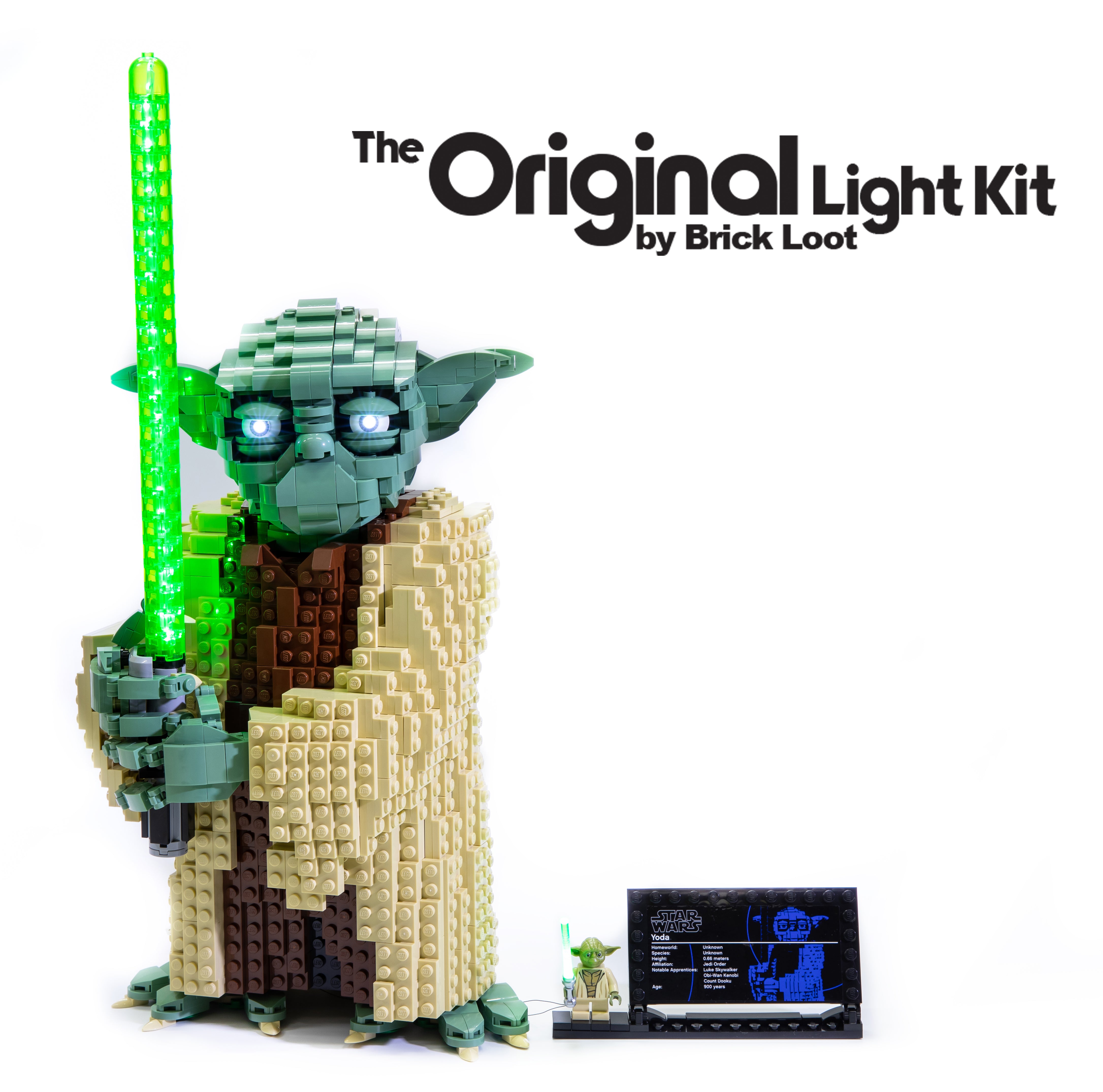 LEGO® Star Wars Attack of The Clones Yoda Building Model and Collectible Minifigure with Lightsaber set 75255 with the Brick Loot LED Lighting Kit.