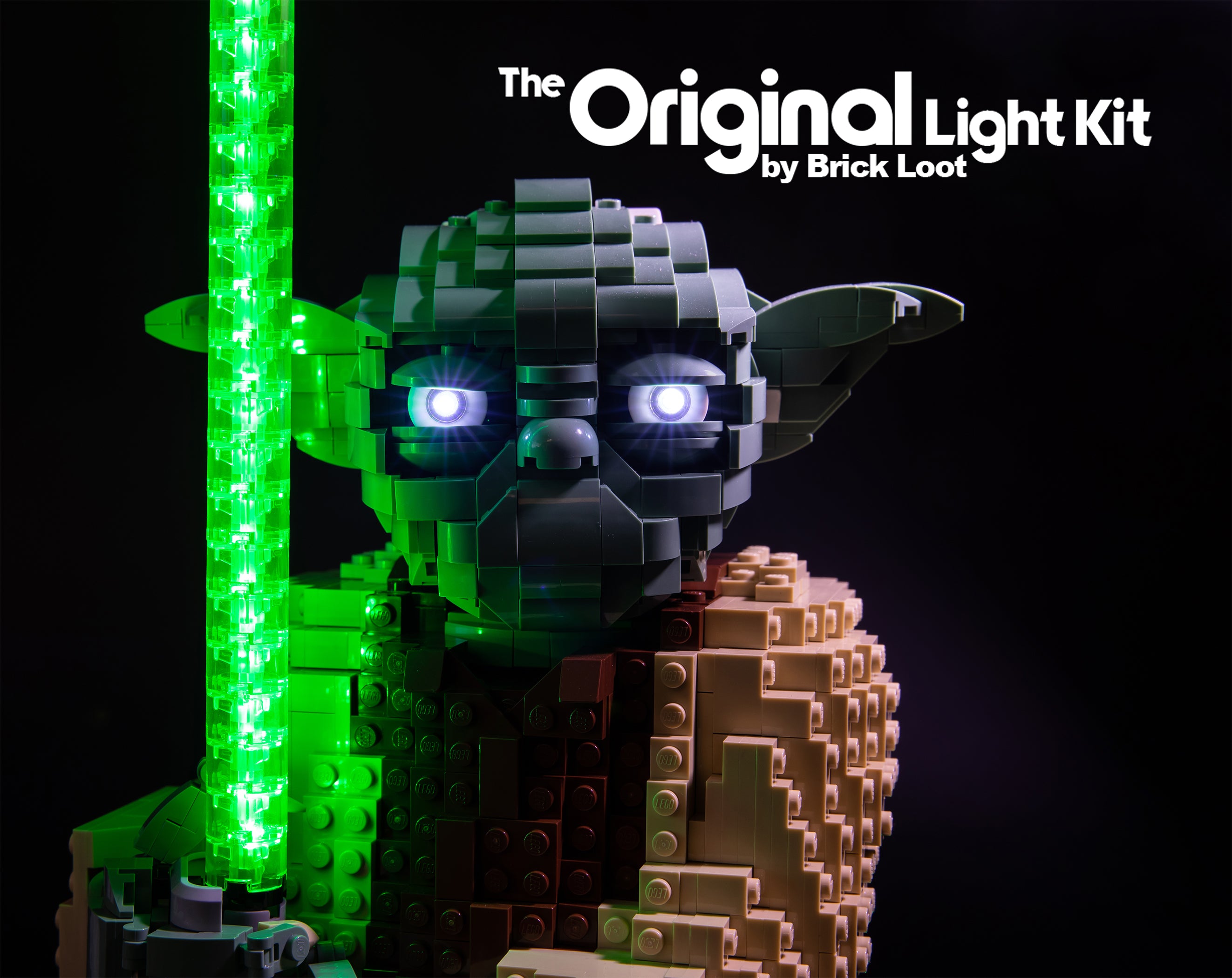 Close-up of the LEGO® Star Wars Attack of The Clones Yoda Building Model and Collectible Minifigure with Lightsaber set 75255 with the Brick Loot LED Lighting Kit, illuminating Yoda's eyes and lightsaber.